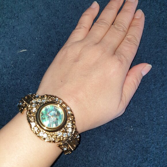 Vintage Jeweled Abalone Rhinestone & Tiger Eye Gold-Plated Japan Quartz Watch - Picture 16 of 16